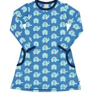 Maxomorra Blue Elephant Print Long Sleeve Dress Sz 110/116